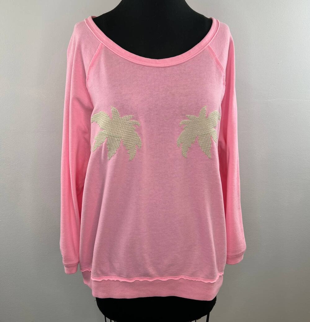 Victoria's Secret Pink Scoop Neck Knit Woven Palm Trees Sweater Pullover Top S